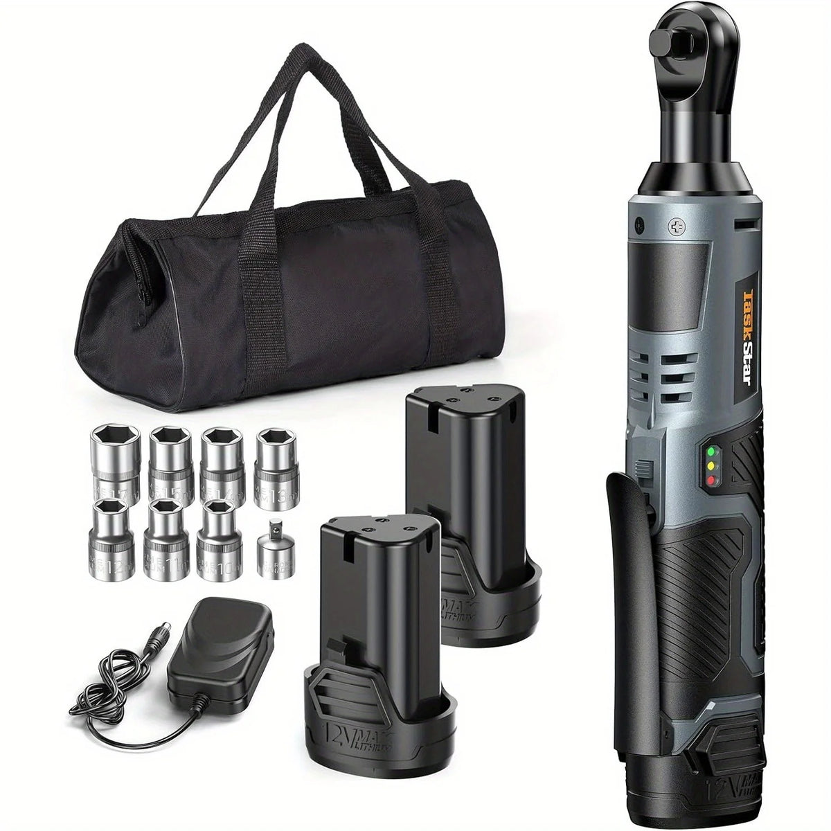 3/8 Driver Cordless Ratchet Wrench with 1/4 Adapter&7 Sockets&2 2.0Ah Batteries 12V Car Dismantling Tool Electric Wrench Kit