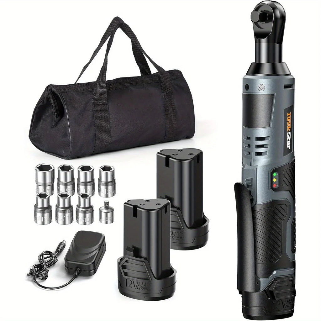 3/8 Driver Cordless Ratchet Wrench with 1/4 Adapter&7 Sockets&2 2.0Ah Batteries 12V Car Dismantling Tool Electric Wrench Kit