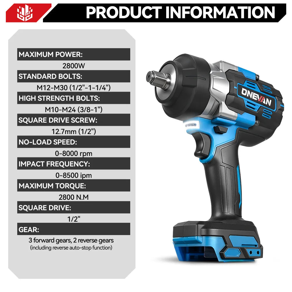 ONEVAN 2800N.M Brushless Cordless Electric Impact Wrench Pow