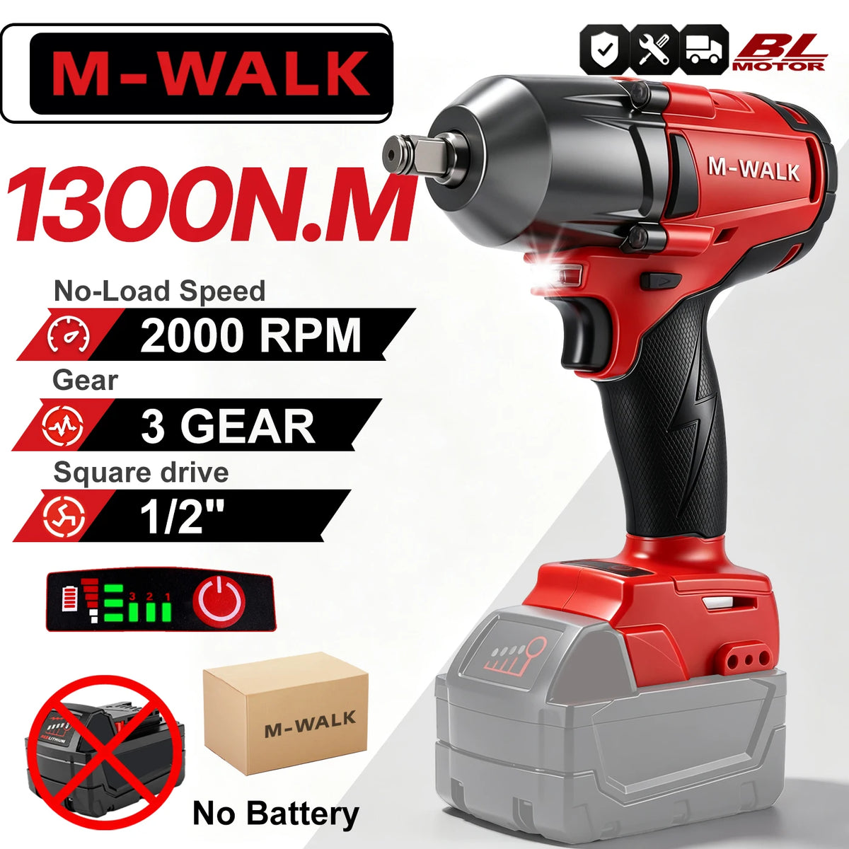 M-WALK 1/2 Brushless Impact Wrench 1300Nm High Torque Electr