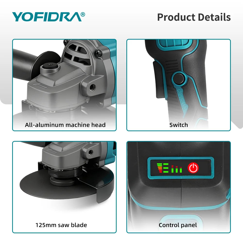 YOFIDRA 125mm Brushless Angle Grinder 20000RPM Cordless Grin
