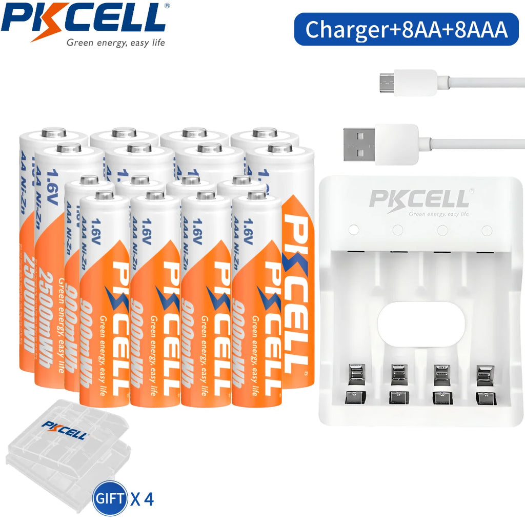 PKCELL 4PC 1.6V AA 2500mWh Battery And 4PC AAA 900mWh 1.6V NI-ZN Rechargeable Battery for Toys Flashlight Camera Power Tool