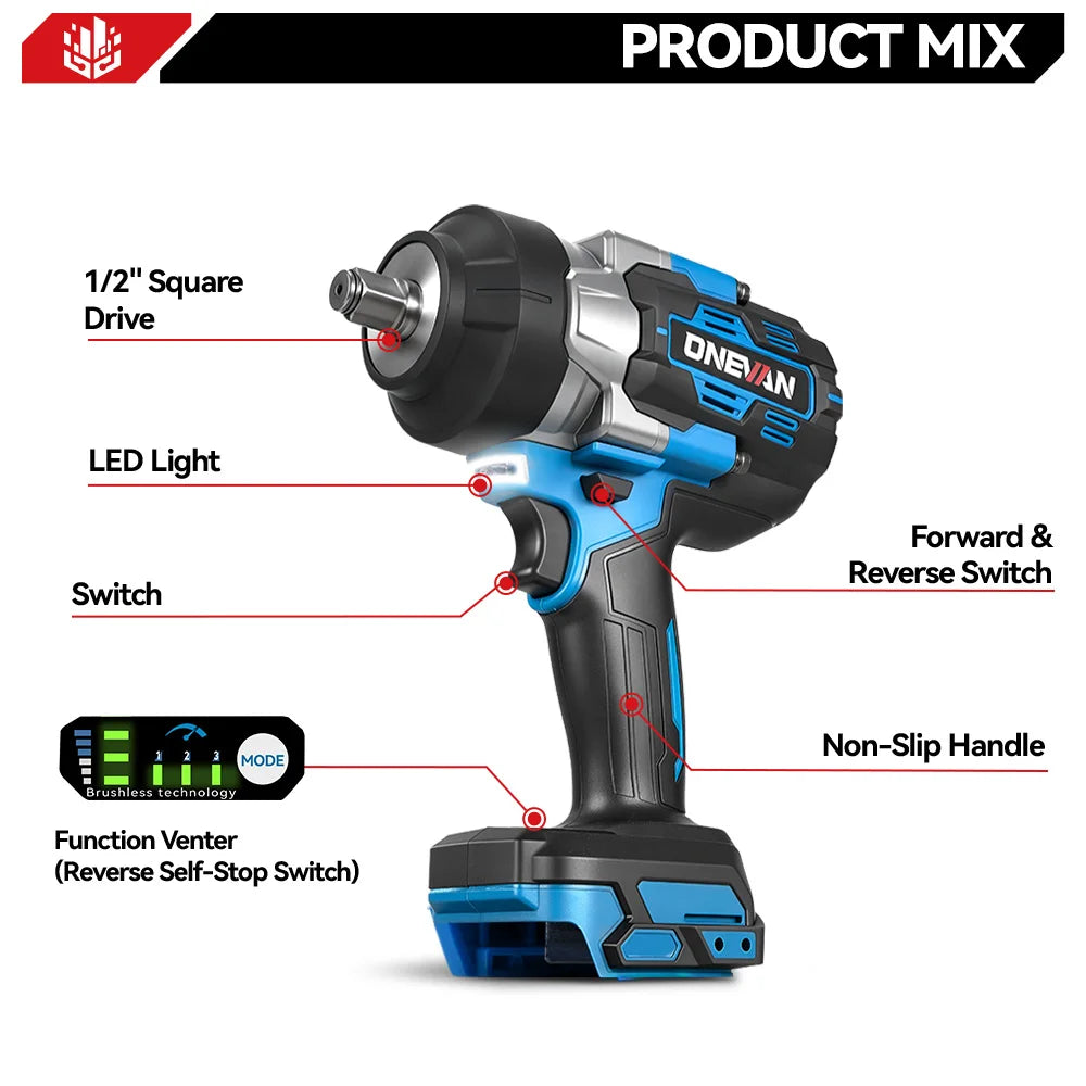 ONEVAN 1/2 Brushless Electric Impact Wrench 2800N.M Torque R