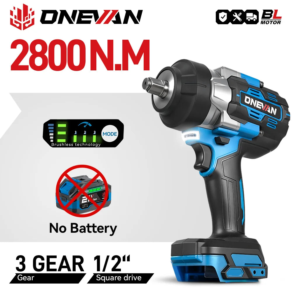 ONEVAN 1/2 Brushless Electric Impact Wrench 2800N.M Torque R