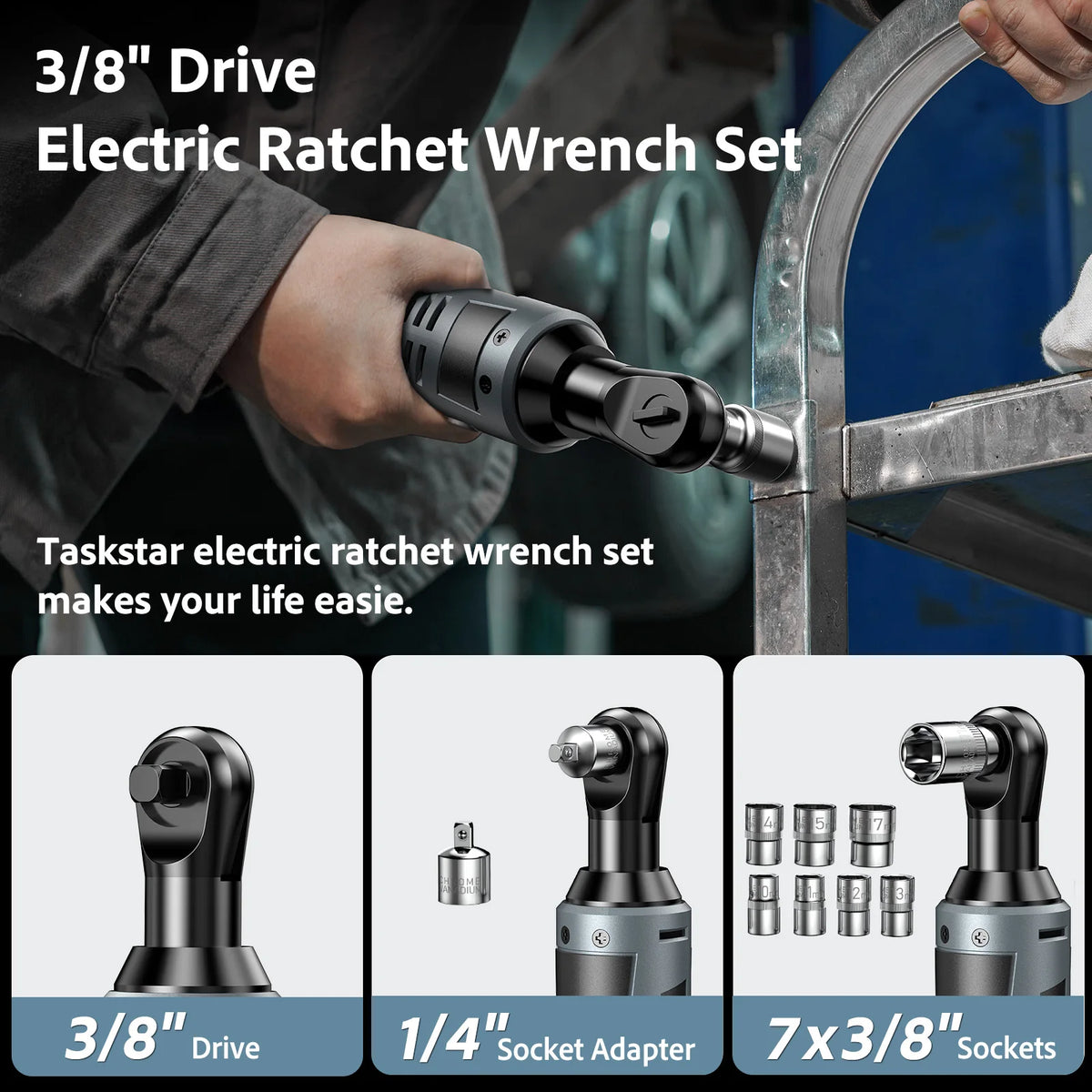 3/8 Driver Cordless Ratchet Wrench with 1/4 Adapter&7 Socket