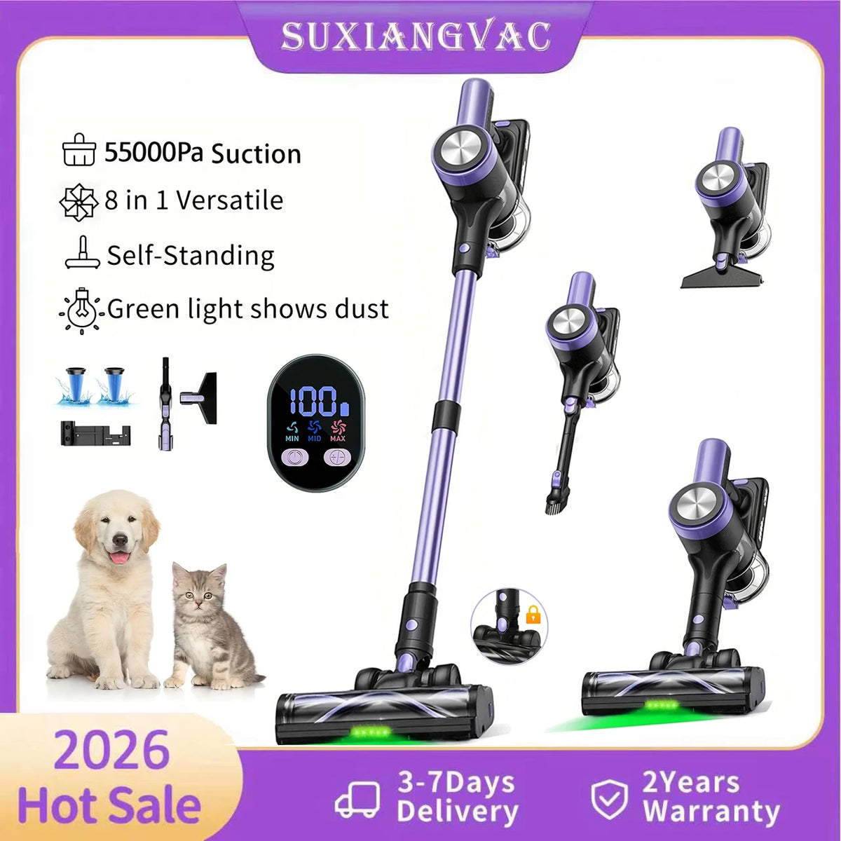 500W/55KPA Self-Standing Cordless Vacuum Cleaner 60 Mins Han