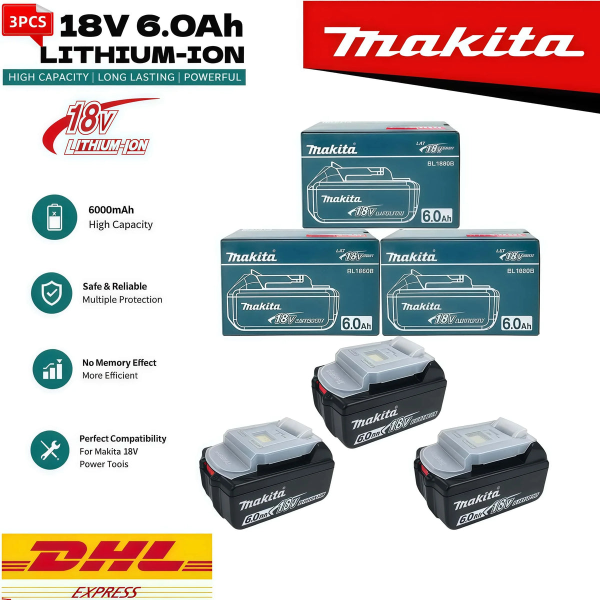 6AH Original Makita 18 V Battery Rechargeable Power Tool Battery Replaceable LED Lithium-ion LXT BL1860B BL1860BL1850 BL1830