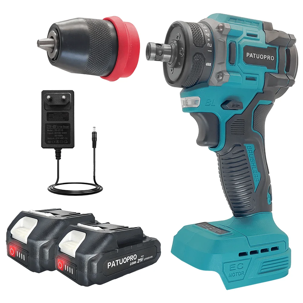 PATUOPRO 2 In 1 Cordless Electric Drill 10MM Chuck Brushless Screwdriver Rechargeable Driver Power Tool For Makita 18V Battery
