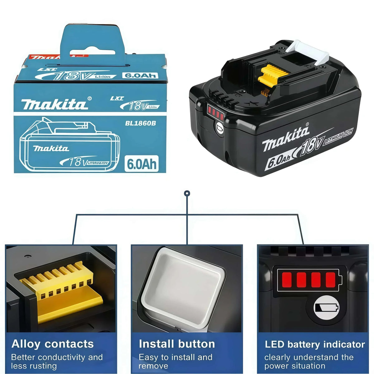 6Ah 100% Original Makita 18V Battery BL1860B Rechargeable Li