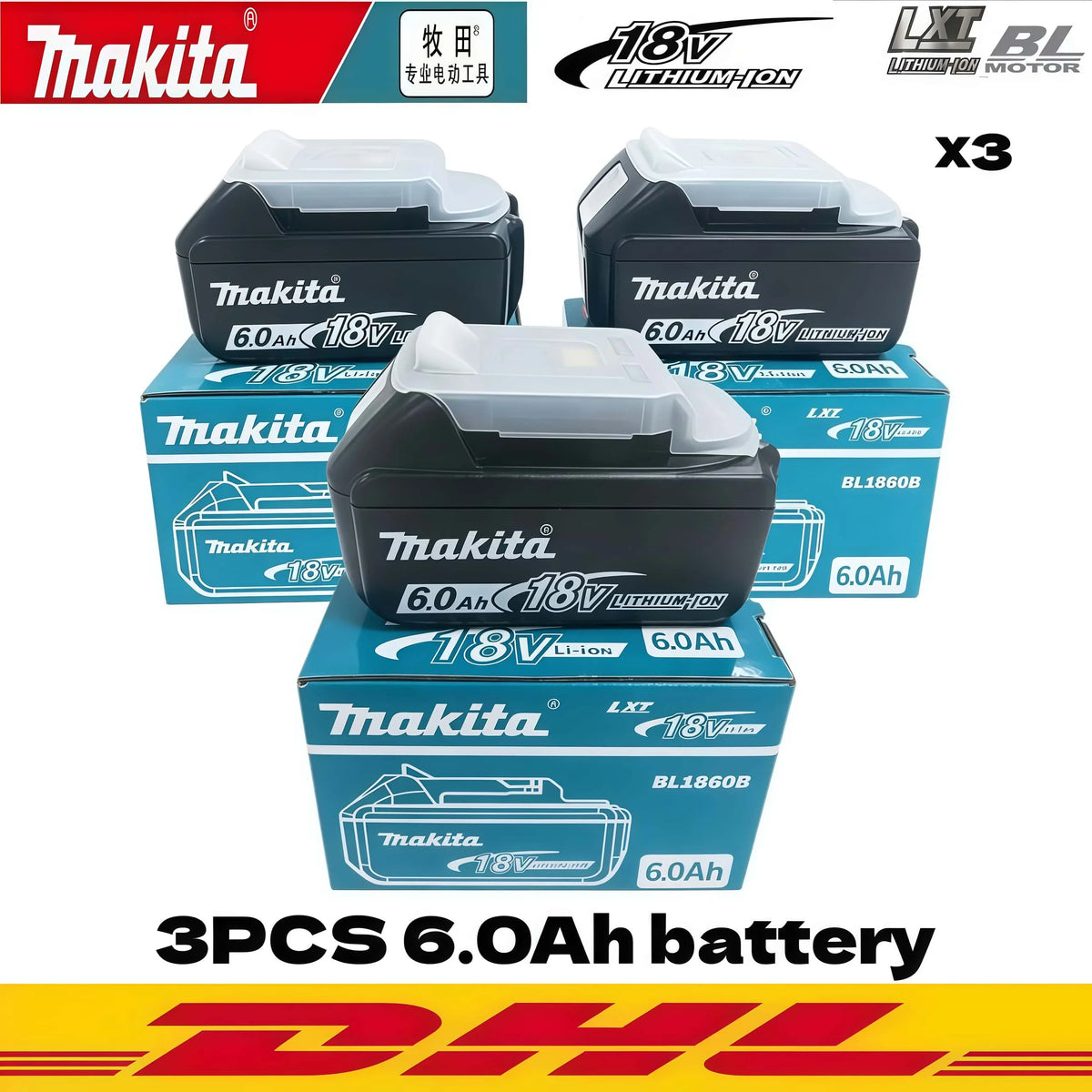 100% Genuine Makita 18V Battery Pack 18V 6Ah Makita Battery 18V Lithium Strip LED Power Indicator Light Shockproof Design