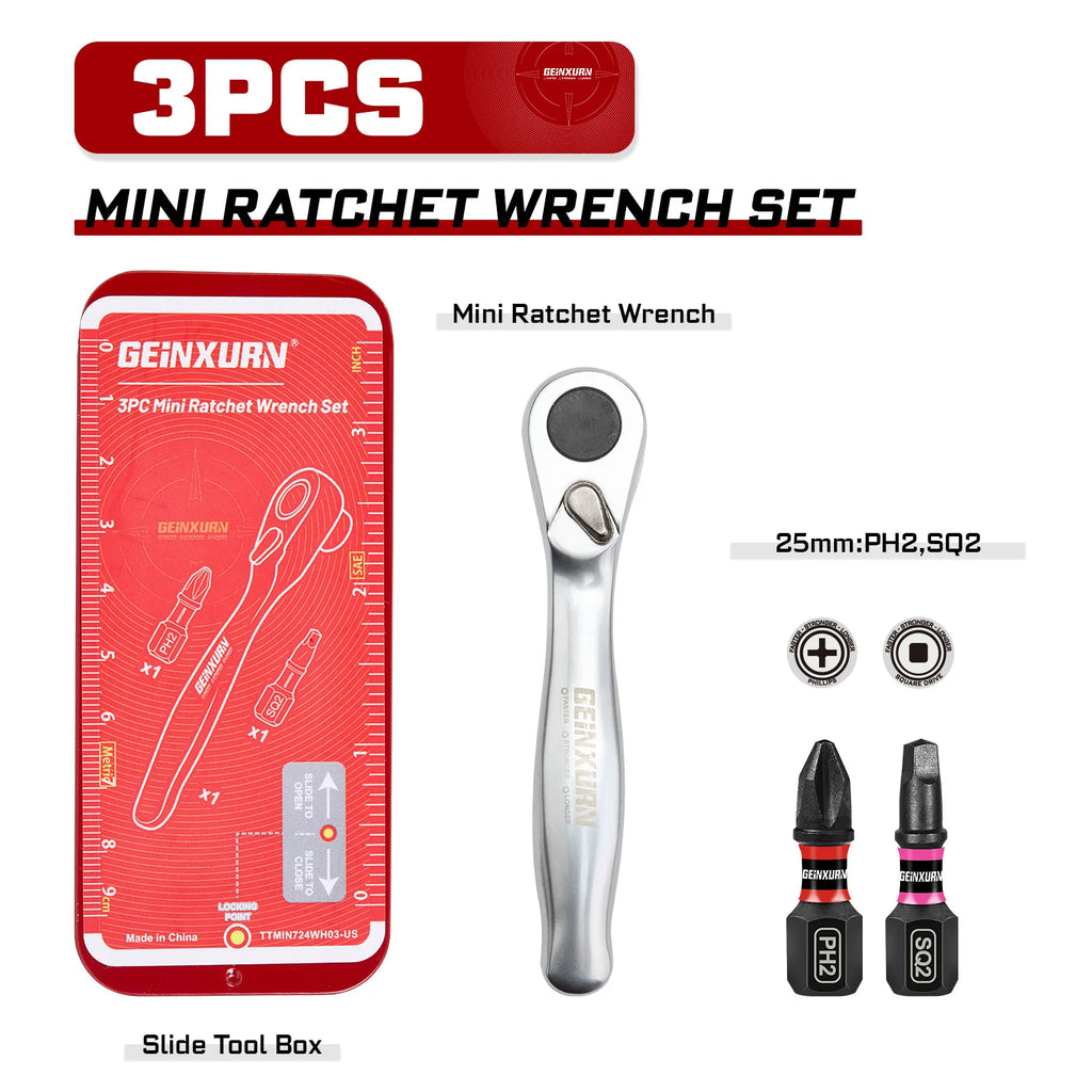 Geinxurn Mini Ratchet Screwdriver Set S2 Screwdriver Impact Magnetic Bit Holder 1/4 Wrench Push-Pull Case for Repair and DIY