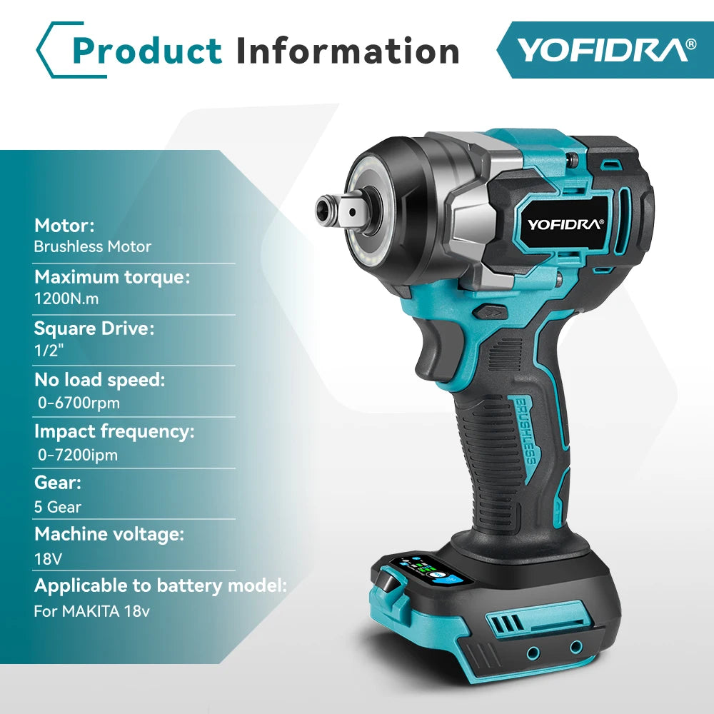 YOFIDRA 1200N.M Brushless Electric Impact Wrench 5 Gears 1/2