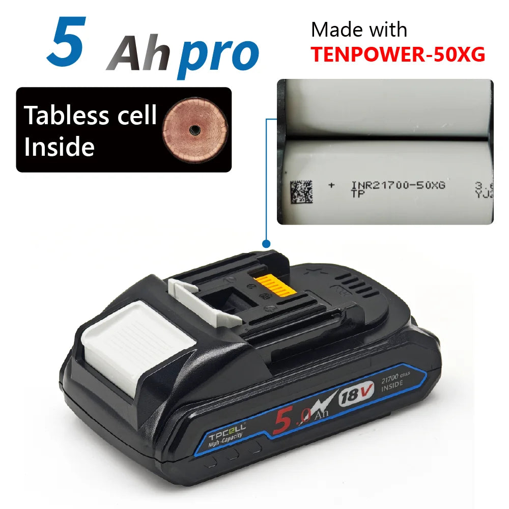 TPCELL New 4Ah/5Ah For MKT 18V 21700 Tabless cells Replacement Battery Power Tools Li-ion
