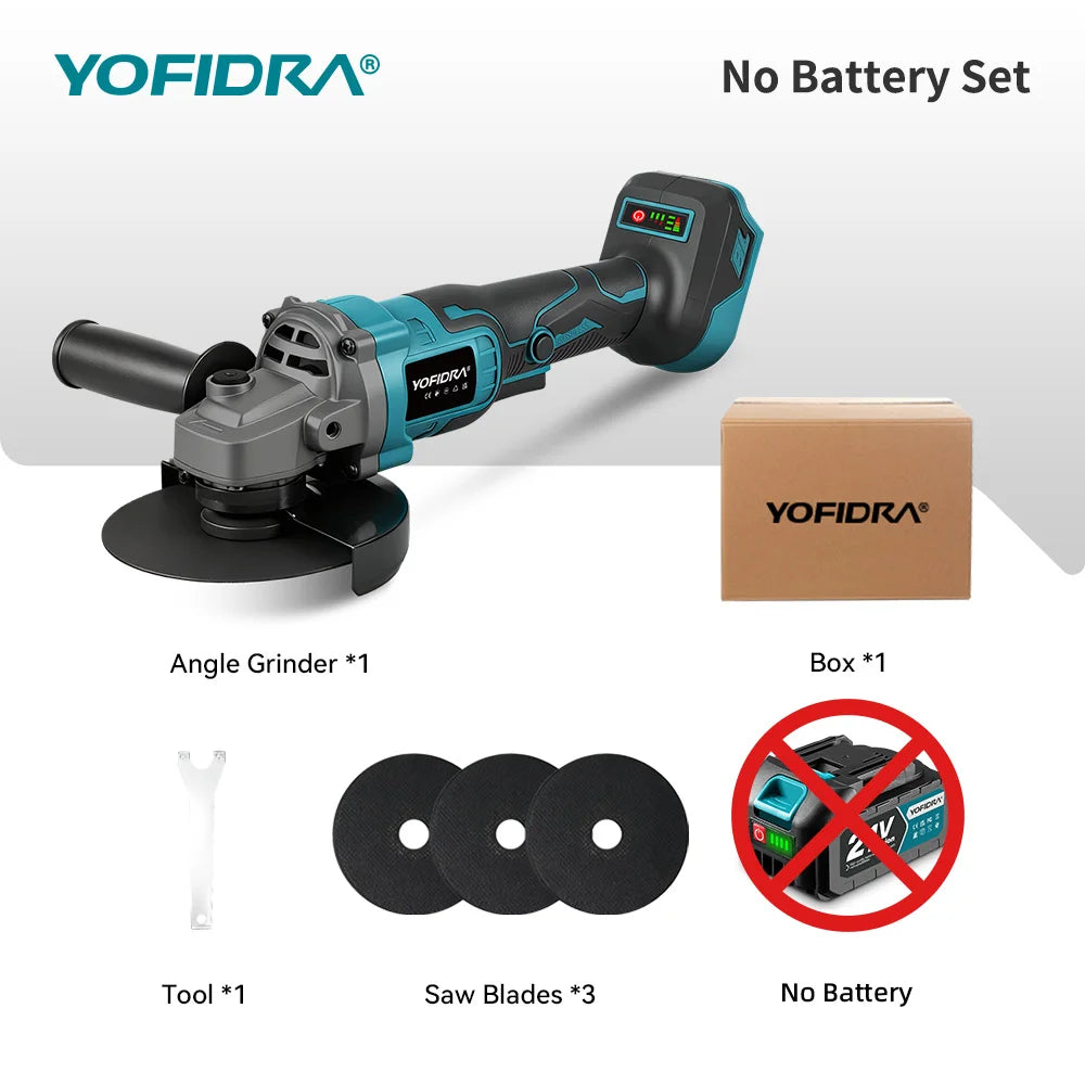YOFIDRA 125mm Brushless Angle Grinder 20000RPM Cordless Grinding Machine Cutting Woodworking Power Tool For Makita Battery Pin