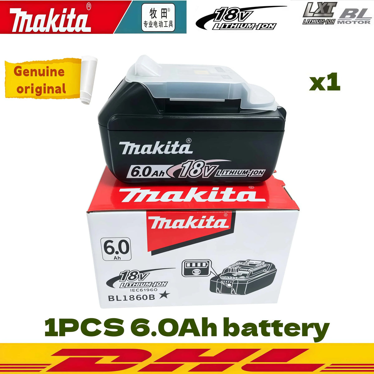 Original Makita 18V BL1860 6Ah Lithium Battery Power Tool Battery Replacement LXT BL1850B BL1840 18V Screwdriver with Battery MA