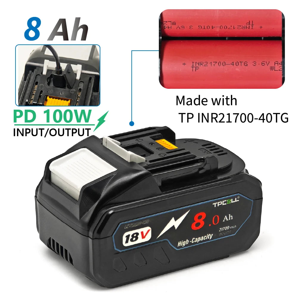 TPCELL PD100W 8Ah/10Ah For MAKITA 18V with USB-C Connector 21700 Tabless Cells Replacement Battery Power Tools Li-ion