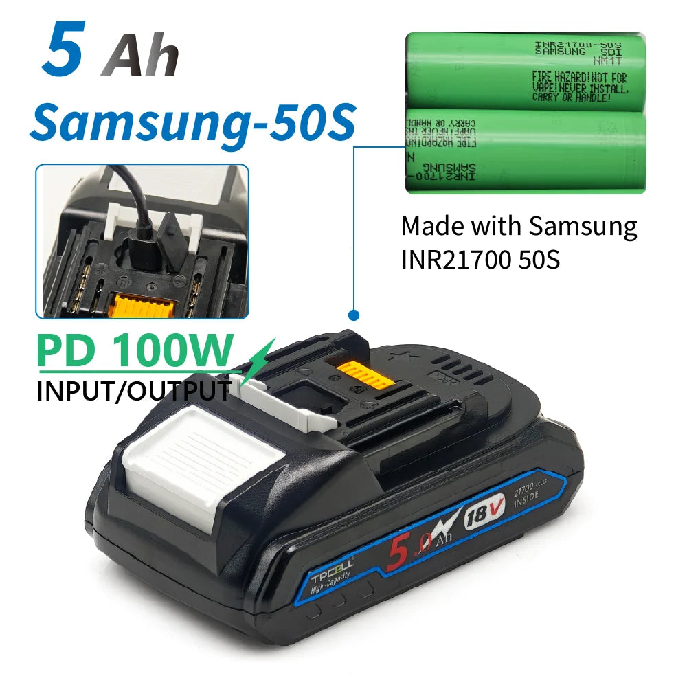 TPCELL PD100W 4/5Ah For MKT 18V 21700 Tabless cells Replacement Battery Power Tools Li-ion