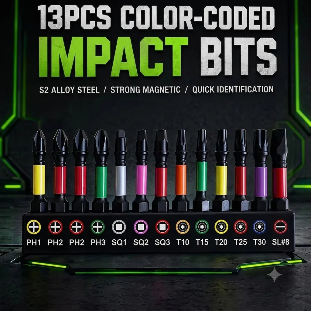 13PCS Impact Phillipes/Square/Slotted Screwdriver Bits Set 2 Magnetic S2 Steel Bits Set Color Coded Base Drill bit accessories
