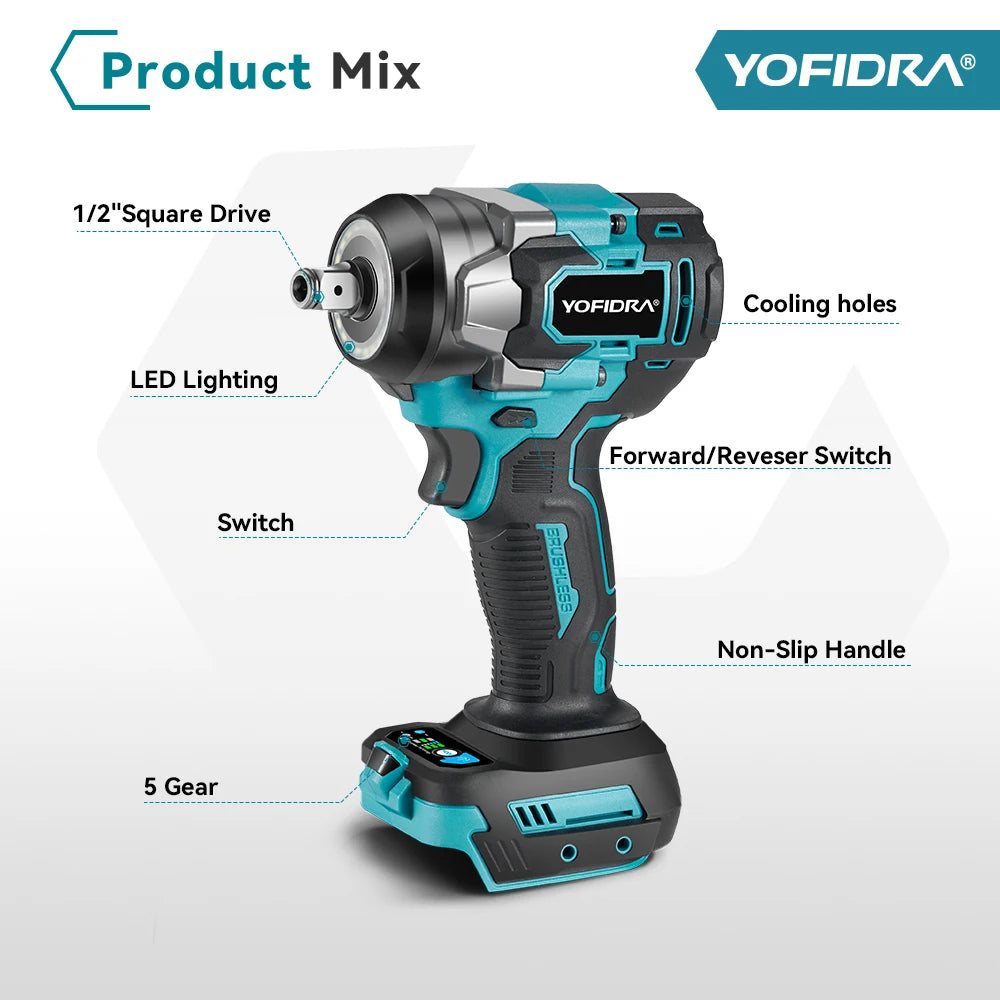 YOFIDRA 1200N.M Brushless Electric Impact Wrench 5 Gears 1/2