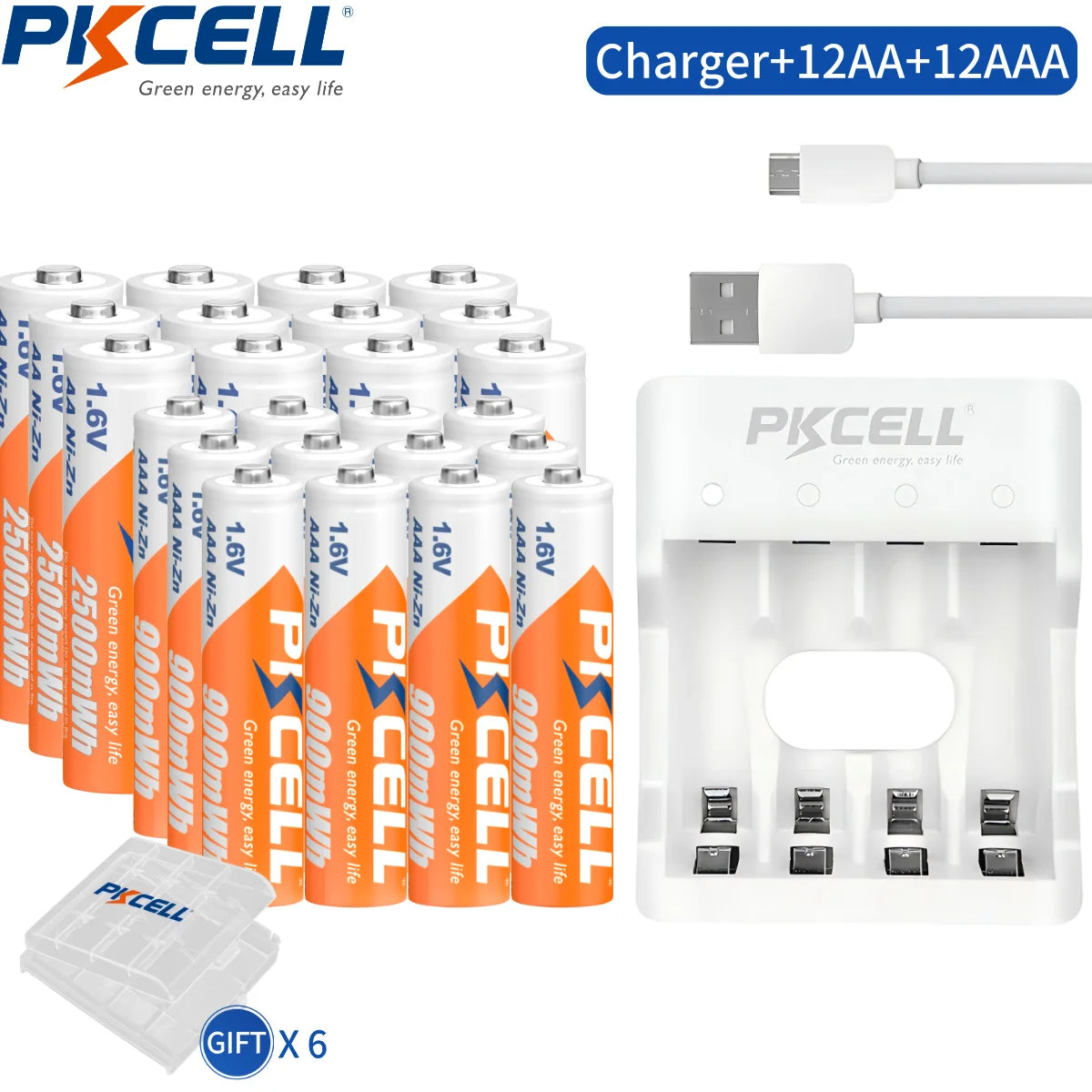 PKCELL 4PC 1.6V AA 2500mWh Battery And 4PC AAA 900mWh 1.6V NI-ZN Rechargeable Battery for Toys Flashlight Camera Power Tool