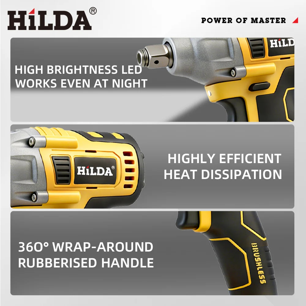 HILDA 1/2 Brushless Impact Wrench 1200N.m High Torque Electr