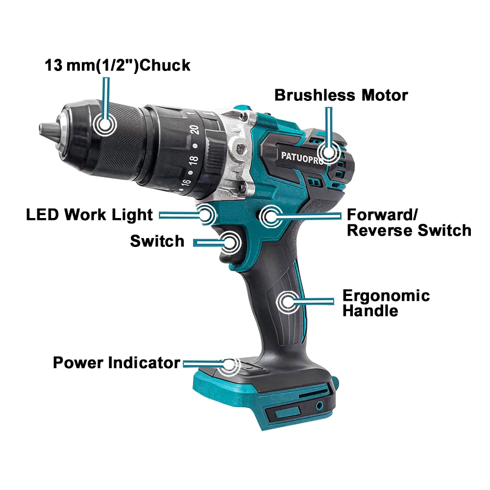 PATUOPRO 13MM Brushless Electric Impact Drill 20+3 Torque Se