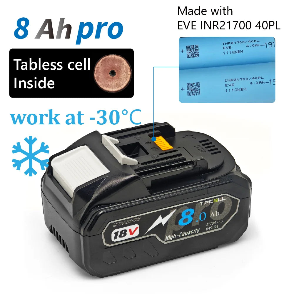 TPCELL New 8Ah/10Ah For MKT 18V 21700 Tabless cells Replacement Battery Power Tools Li-ion