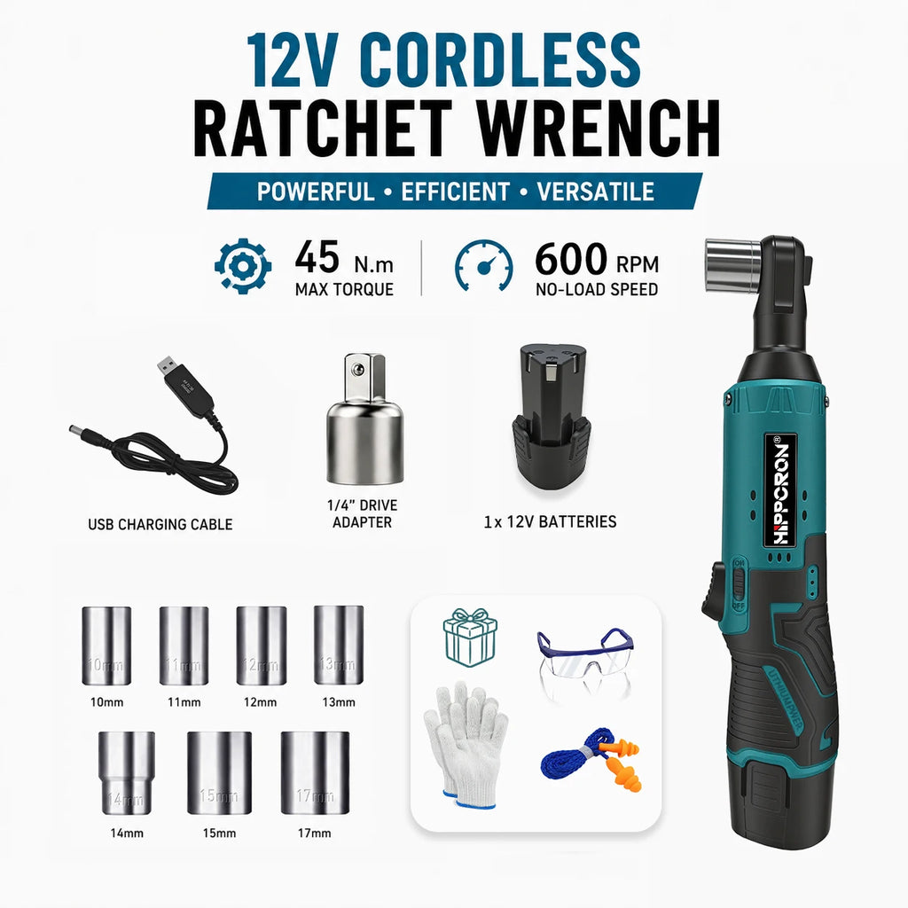 Hippcron 12V Cordless Electric Ratchet Wrench with 3/8 Ratchet Tool Kit with USB Charger LED Light Rechargeable Power Tool