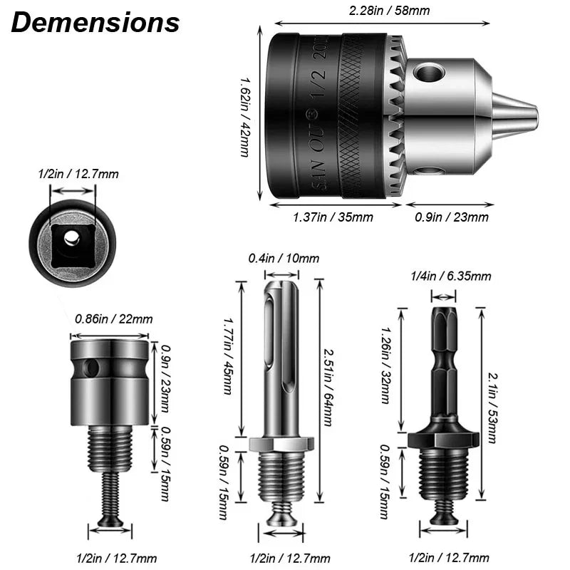 1.5-13mm Converter 1/2 -20UNF Key Drill Chuck Thread Quick C