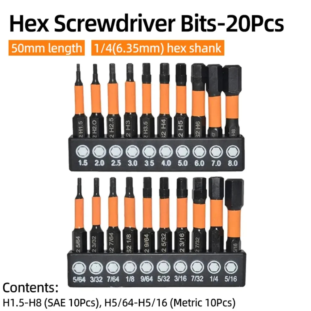 Hex Head Allen Wrench Screwdriver Bit Set SAE Metric 1/4 Hex