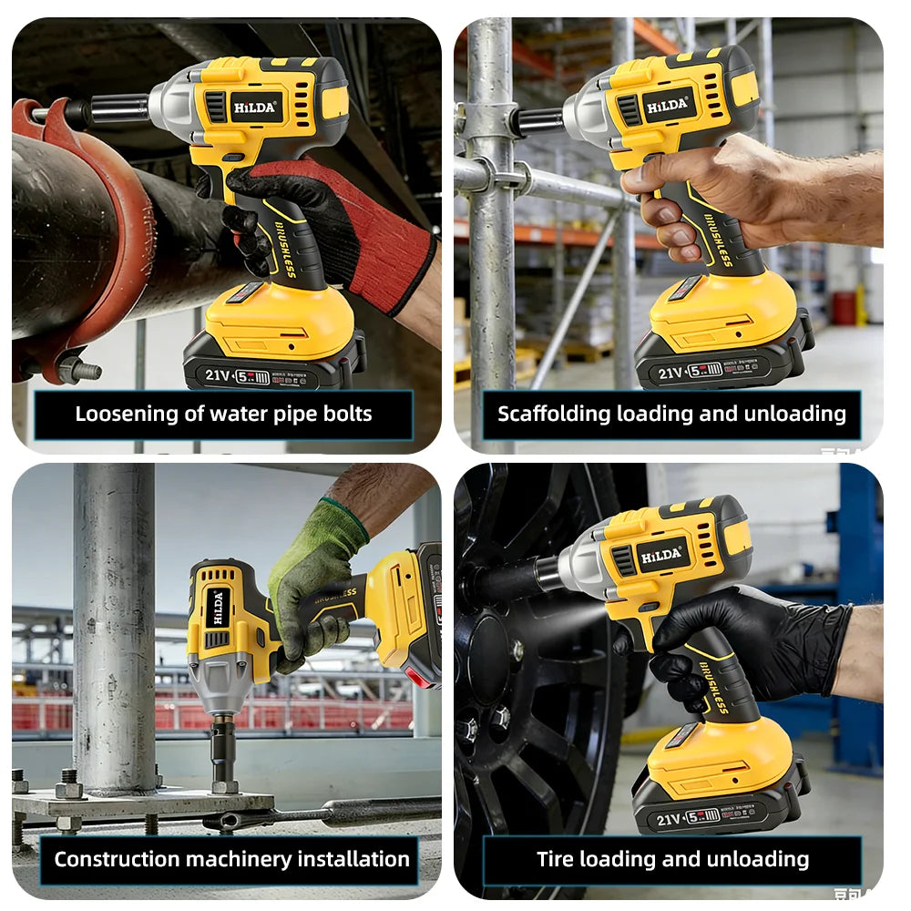 HILDA 1/2 Inch Brushless Impact Wrench LED Light Wrench Port