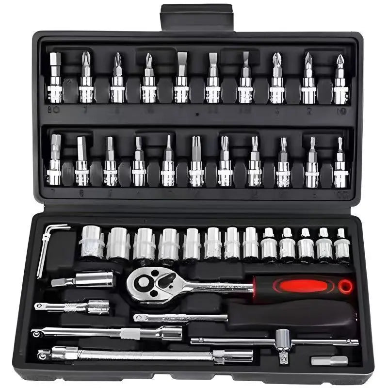 Hot 46Pcs 1/4 Drive Socket Wrench Set Ratchet Screwdriver & Bit Kit Carbon Steel Auto Repair Hand Tool Set with Storage Case