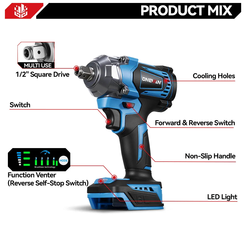 ONEVAN 1200N.M Brushless Electric Impact Wrench Cordless Scr