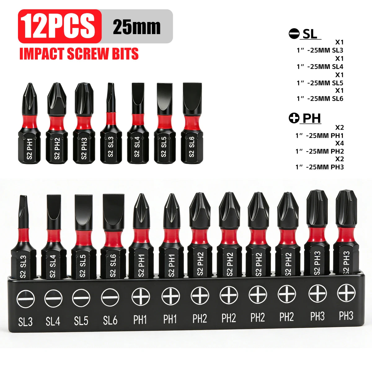 Ustop 12/24 Piece Set of Sl and Ph Impact Screwdriver Bits Ph2/1/3 Sl3/4/5/6 25Mm/50Mm Long and Short Versions Suitable for Various Scenarios Magnetic Bits S2 Steel Material Compatible with Electric D