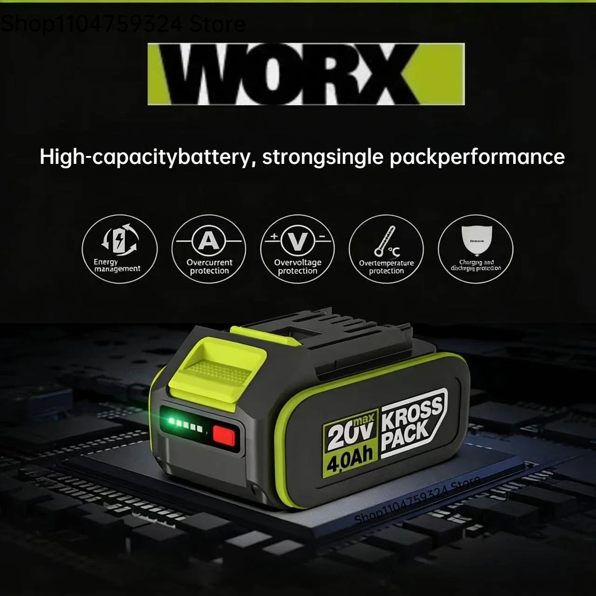 100% Orginal WORX Green 5-Pin Battery 20V 6.0 Ah/8.0 Ah Li-i